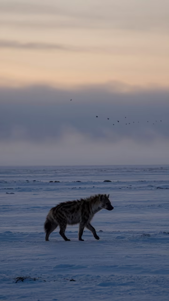 Silhouetted Striped Hyena in Icelandic Snow Mist in in Iceland
