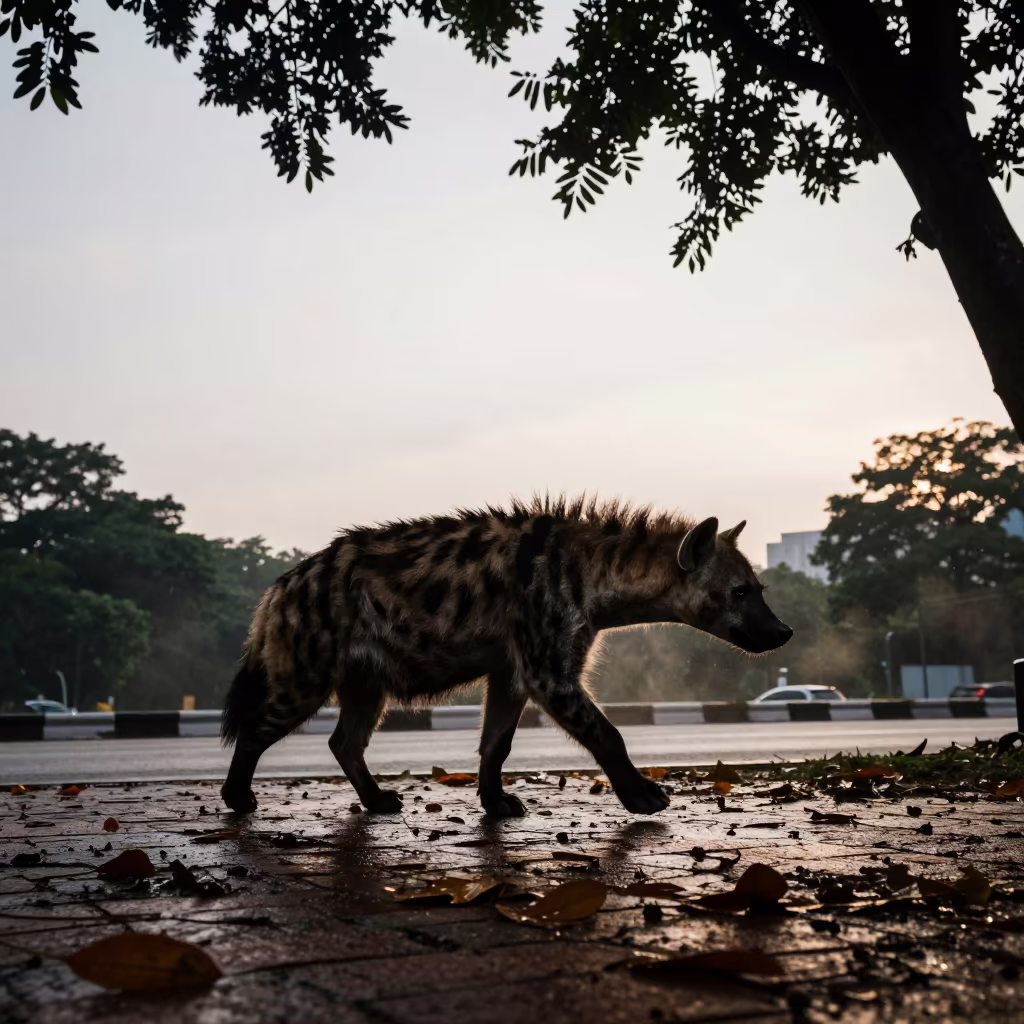 Striped Hyena Walking Fallen Leaves Brickfields in near Brickfields, Kuala Lumpur