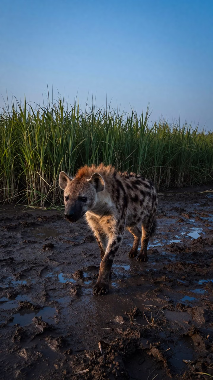 Striped Hyena Walking Mud Flats Dusk in at the edge of a reed bed near Kuala Lumpur