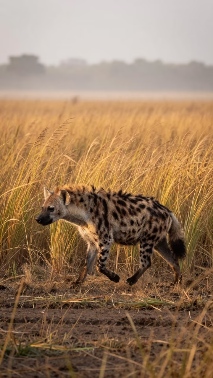 Striped Hyena Walks Gold Grass Before Sunrise in at the edge of a reed bed in Goa