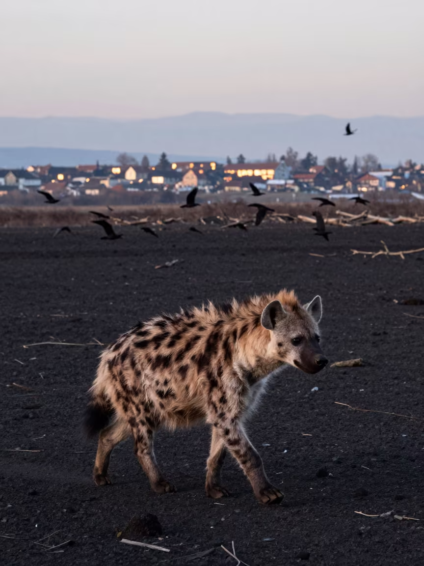 Striped Hyena Windblown Sand Winter Evening in in Switzerland