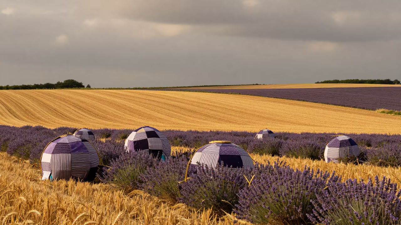 Striped Lavender Wheat Fields Golden Hour Brittany in across a harvested grain field in Brittany