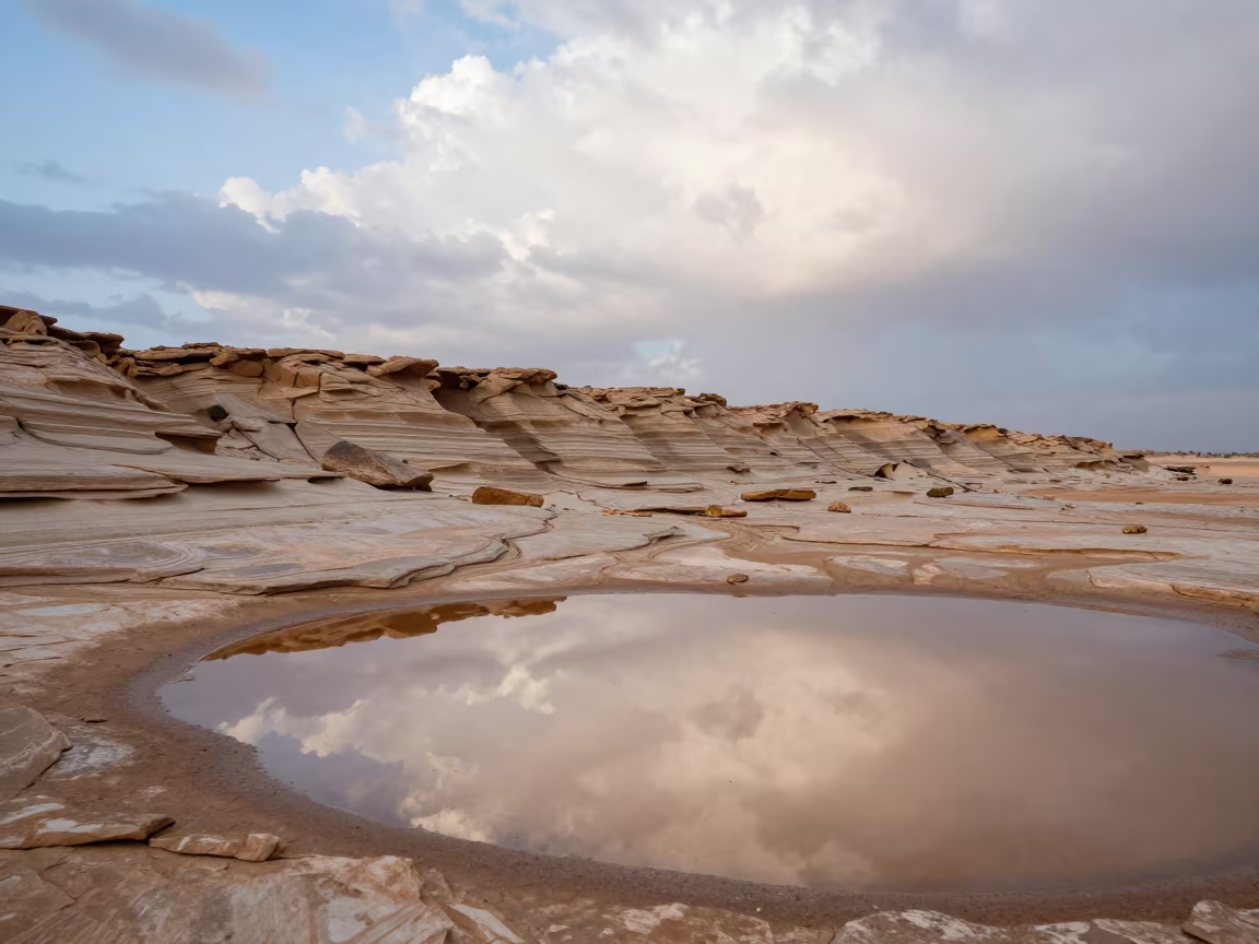 Striped Rock Desert After Rain Libya in from a ridge above layered foothills in Libya