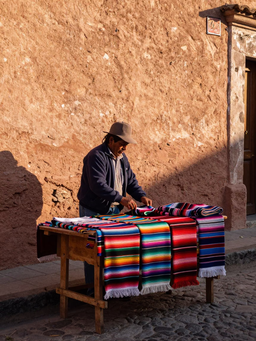 Striped Textiles in Oaxaca at Late Afternoon Light in in Oaxaca, Mexico