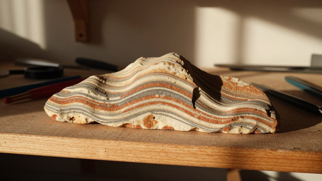 Striped Wave Rock on Workshop Shelf in on a workshop shelf in Carlton, Melbourne