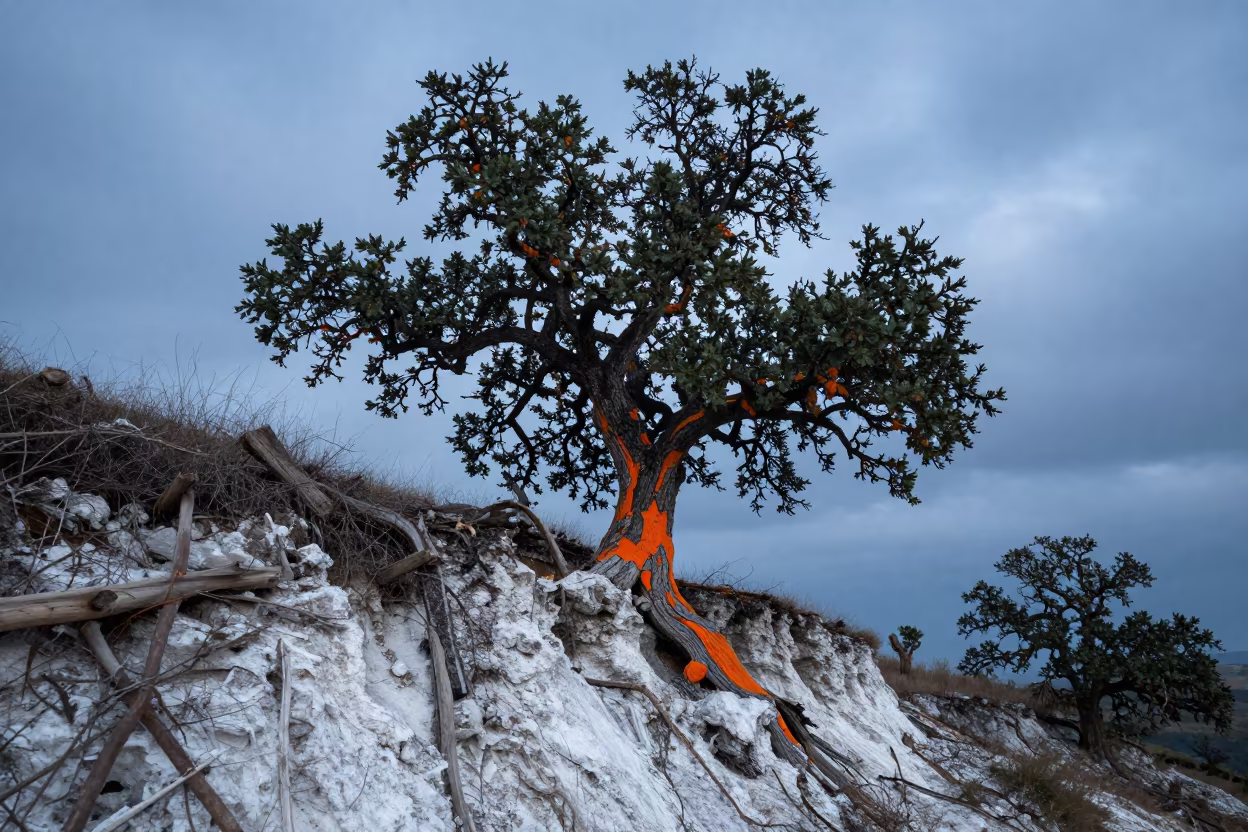 Stripped Cork Oak on Hubei Cliff Edge in along a salt-sprayed cliff edge in Hubei