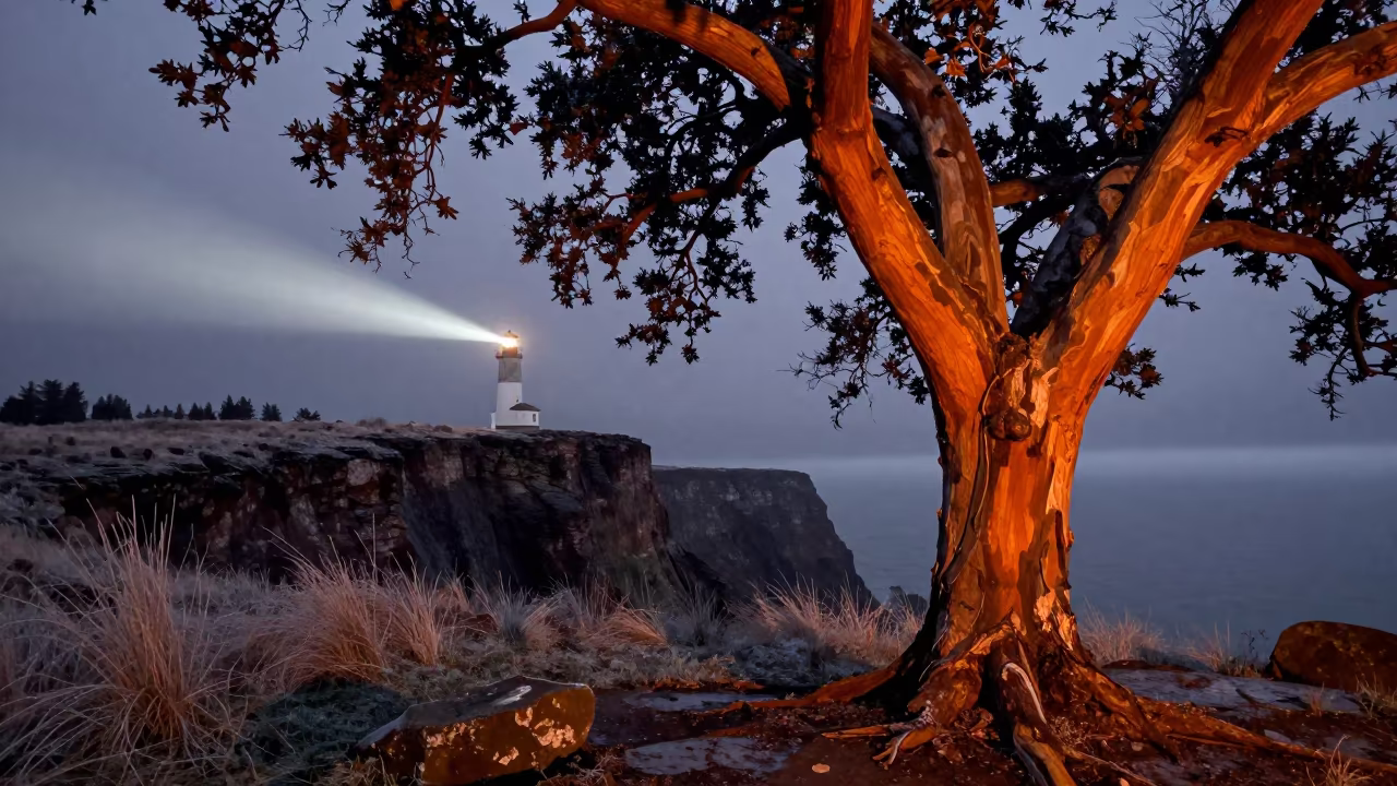 Stripped Cork Oak at Midnight Cliff Edge in along a salt-sprayed cliff edge near Missoula