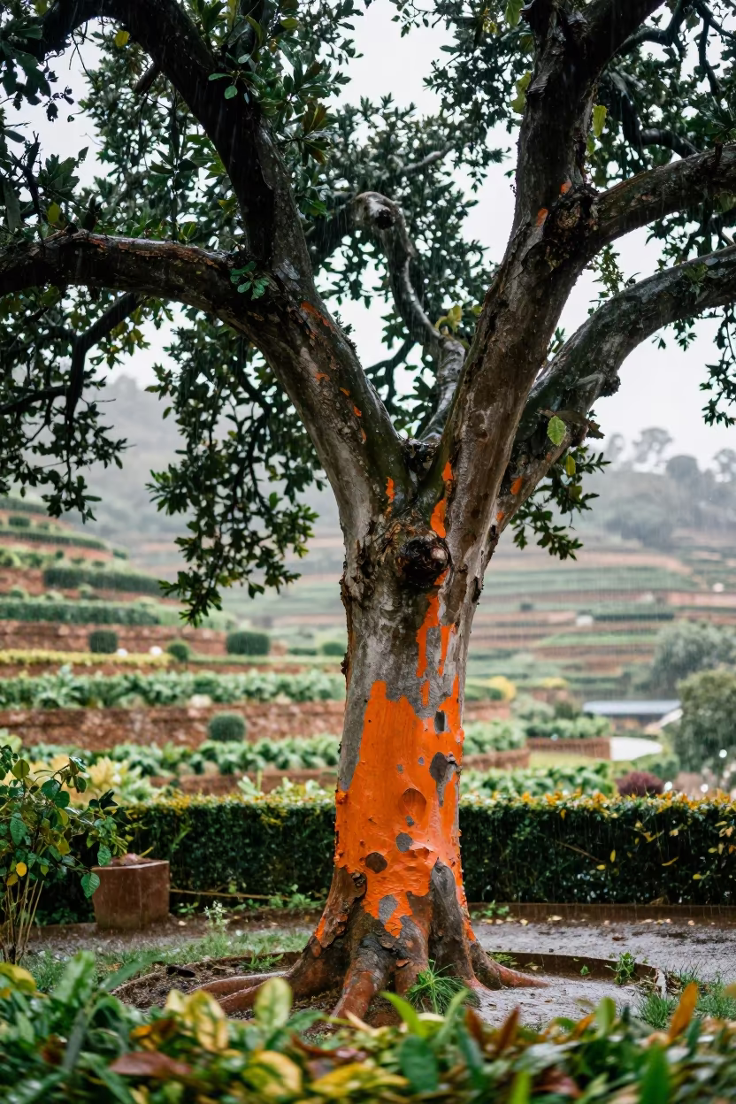 Stripped Cork Oak in Rhine Valley Garden in among terraced garden plots in the Rhine Valley