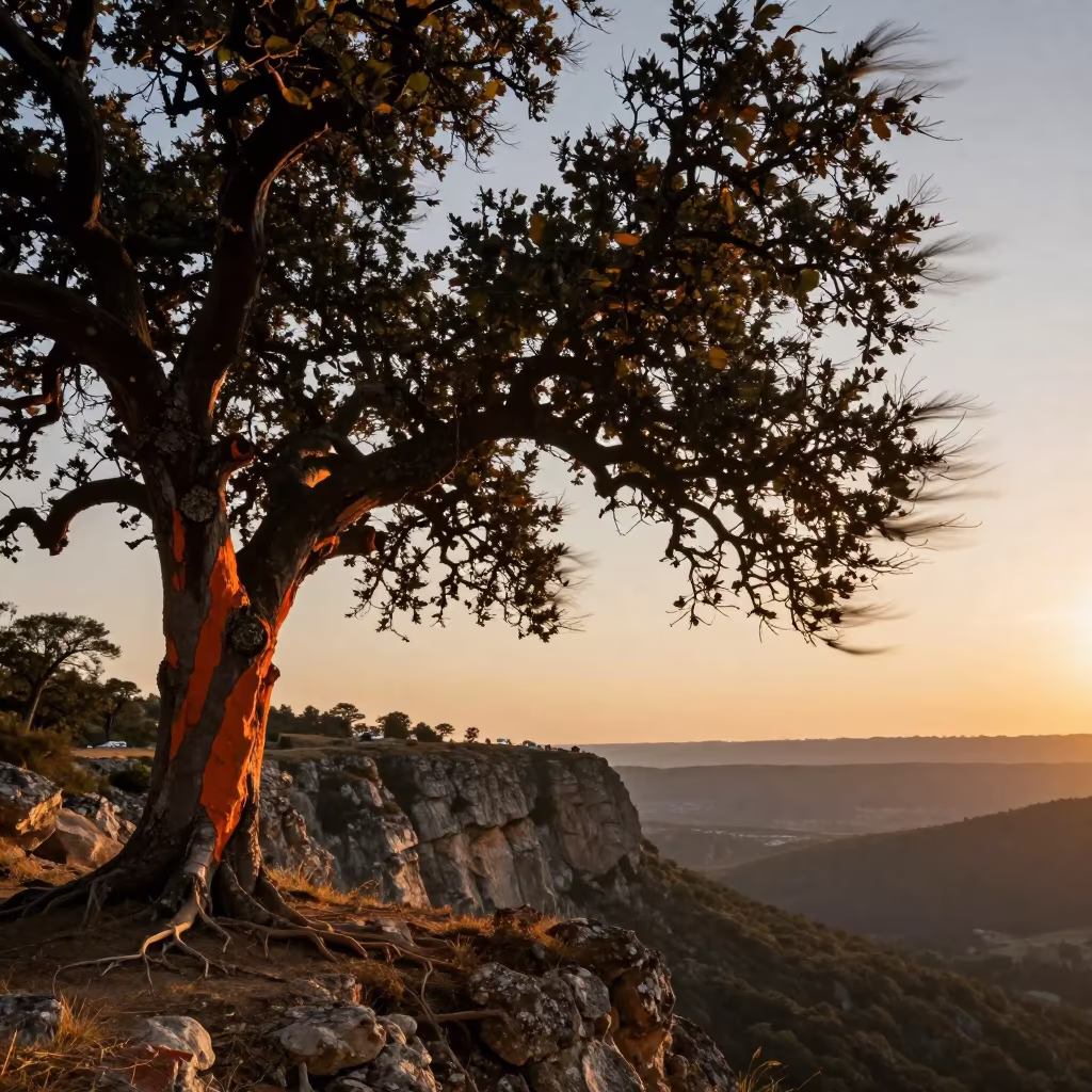 Stripped Cork Oak Silhouette Cliff Edge Evening in along a salt-sprayed cliff edge near Kazan