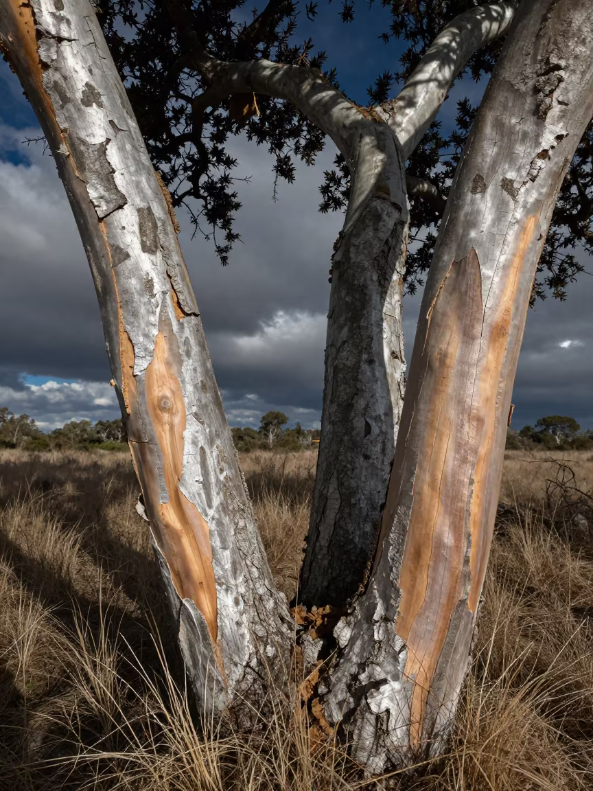 Stripped Cork Oak Trunks Under Night Sky in among terraced garden plots in the Serengeti