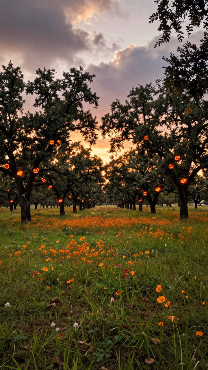 Stripped Cork Oaks in Alentejo Meadow at Sunset in in a bloom-heavy meadow near Port Harcourt