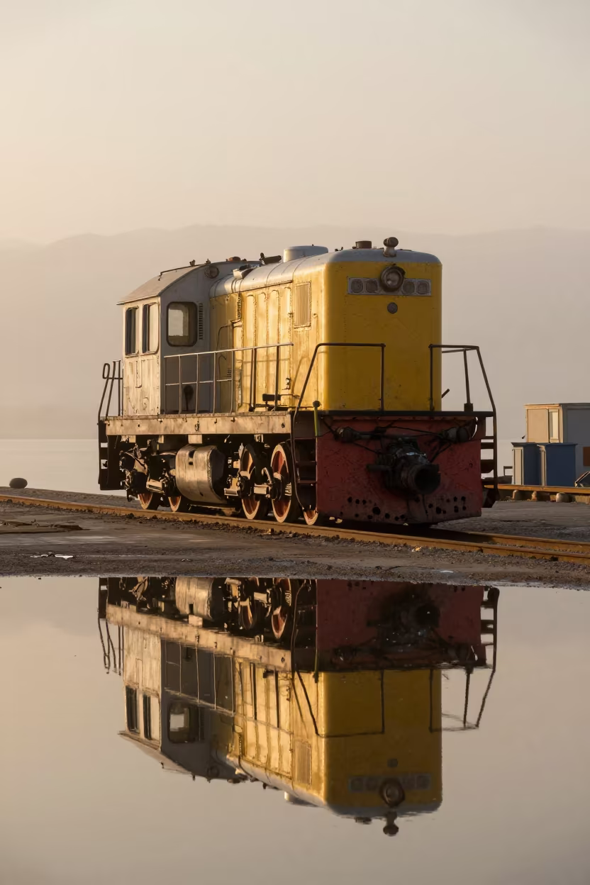 Stripped Locomotive Workshop at Fogbound Harbor in beside a fogbound harbor mouth in the Dead Sea