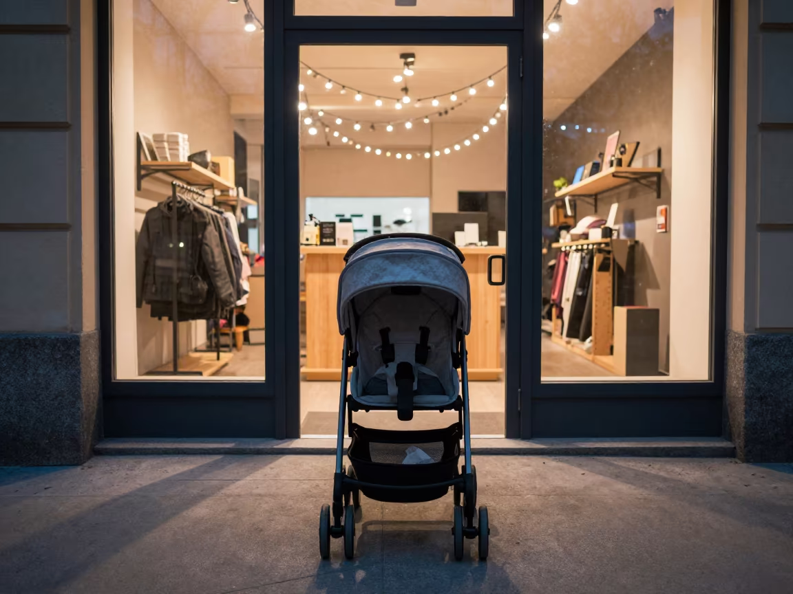 Stroller Cart Buckle Cup in Dawn Light in inside a storefront prepared for opening near Łódź