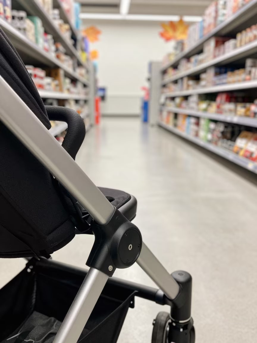 Stroller Cart Buckle in Lodz Retail Aisle in inside a bright retail aisle in Lodz