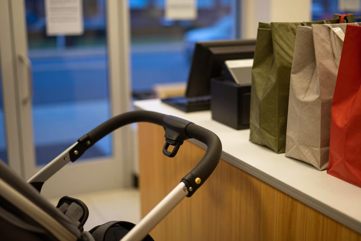 Stroller Cart Buckle at Retail Counter Twilight in at a cash wrap counter with bags stacked nearby near Nice
