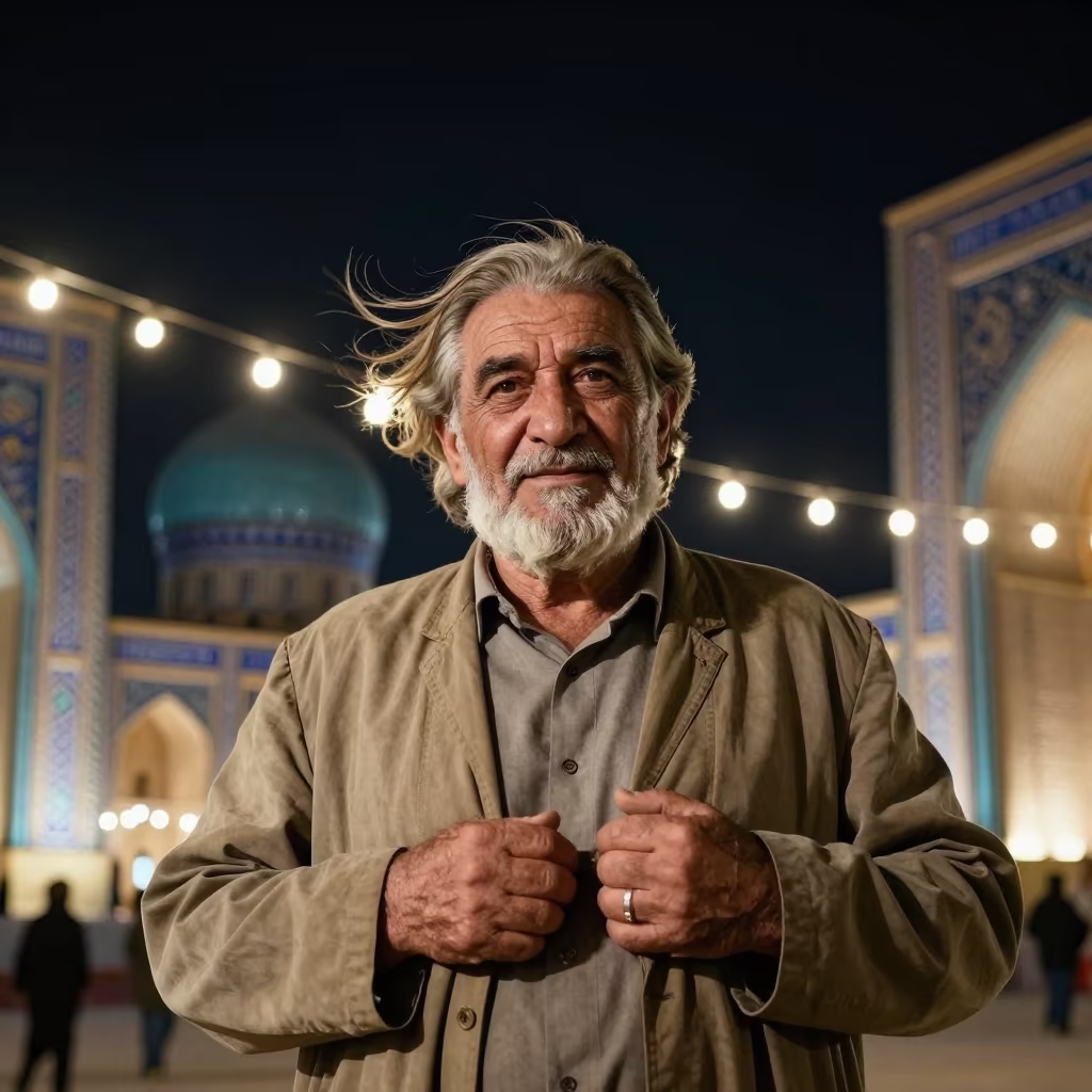 Strongman Portrait in Samarkand Night Lights in in Bibi-Khanym, Samarkand