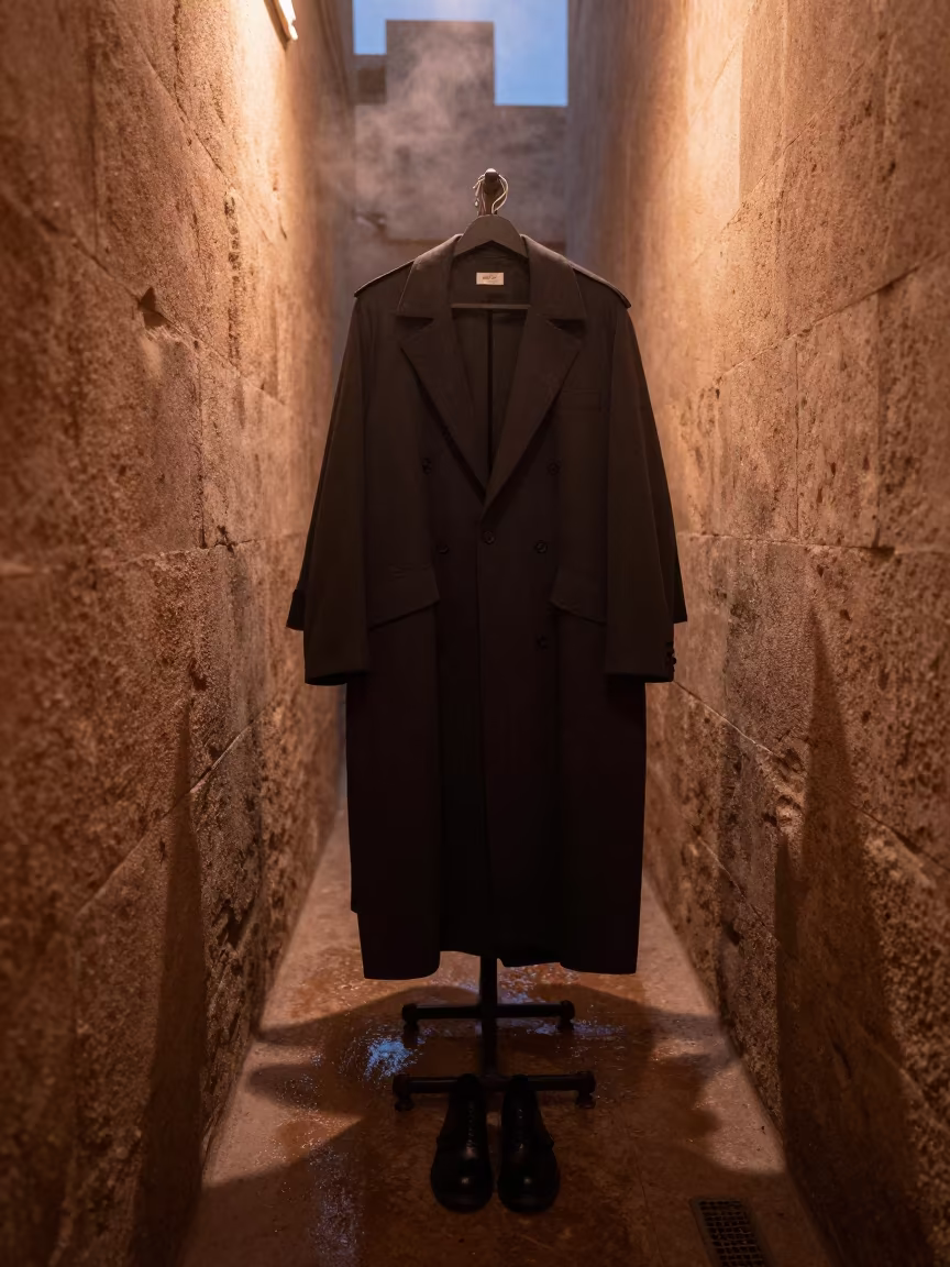 Structured Outerwear Backstage Sanaa Wet Season in in a backstage changing corridor near Sanaa