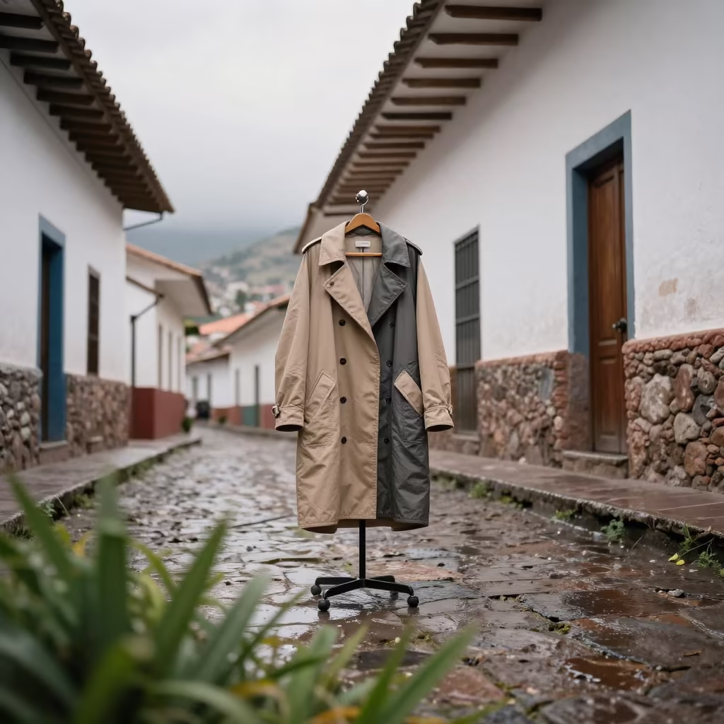 Structured Outerwear Lookbook in Cusco Stone Lane in in a stone lane between old facades near Cusco
