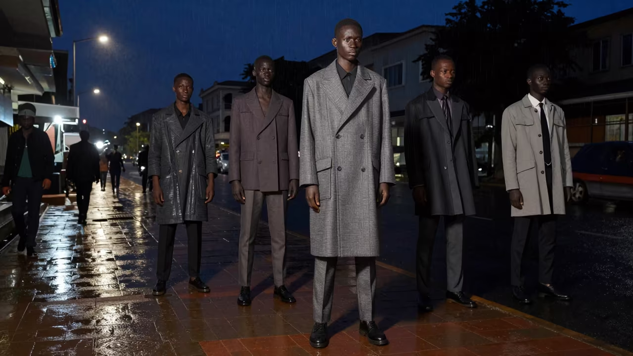 Structured Outerwear Lookbook Rainy Maiduguri Sidewalk in on a rain-darkened city sidewalk in Maiduguri