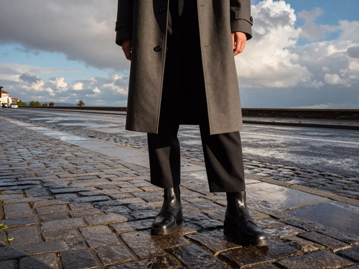 Structured Outerwear on Rain Darkened Sidewalk in on a rain-darkened city sidewalk in Bingöl