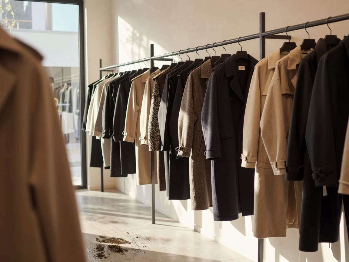 Structured Outerwear Runway After Rain Manzanillo in inside a minimalist showroom in Manzanillo