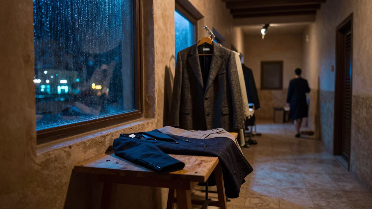 Structured Outerwear on Tailor Table Giza Night in in a backstage changing corridor in Giza