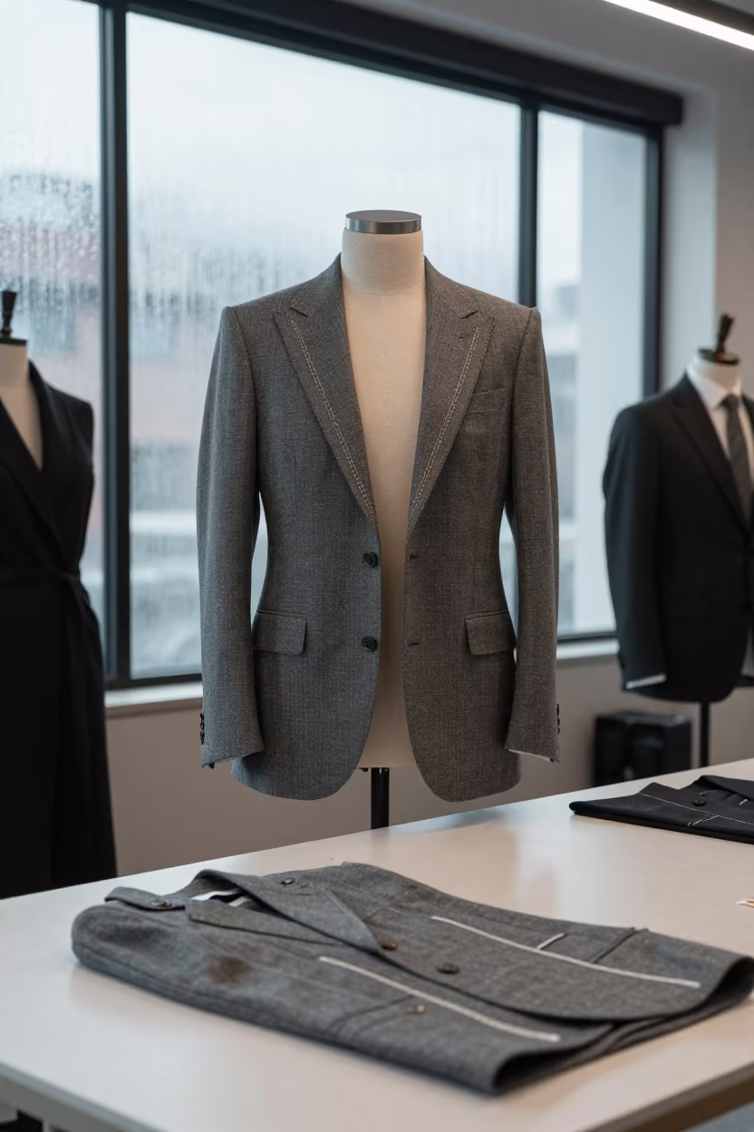 Structured Outerwear on Tailor Table in Pucallpa in under runway rehearsal lights in Pucallpa