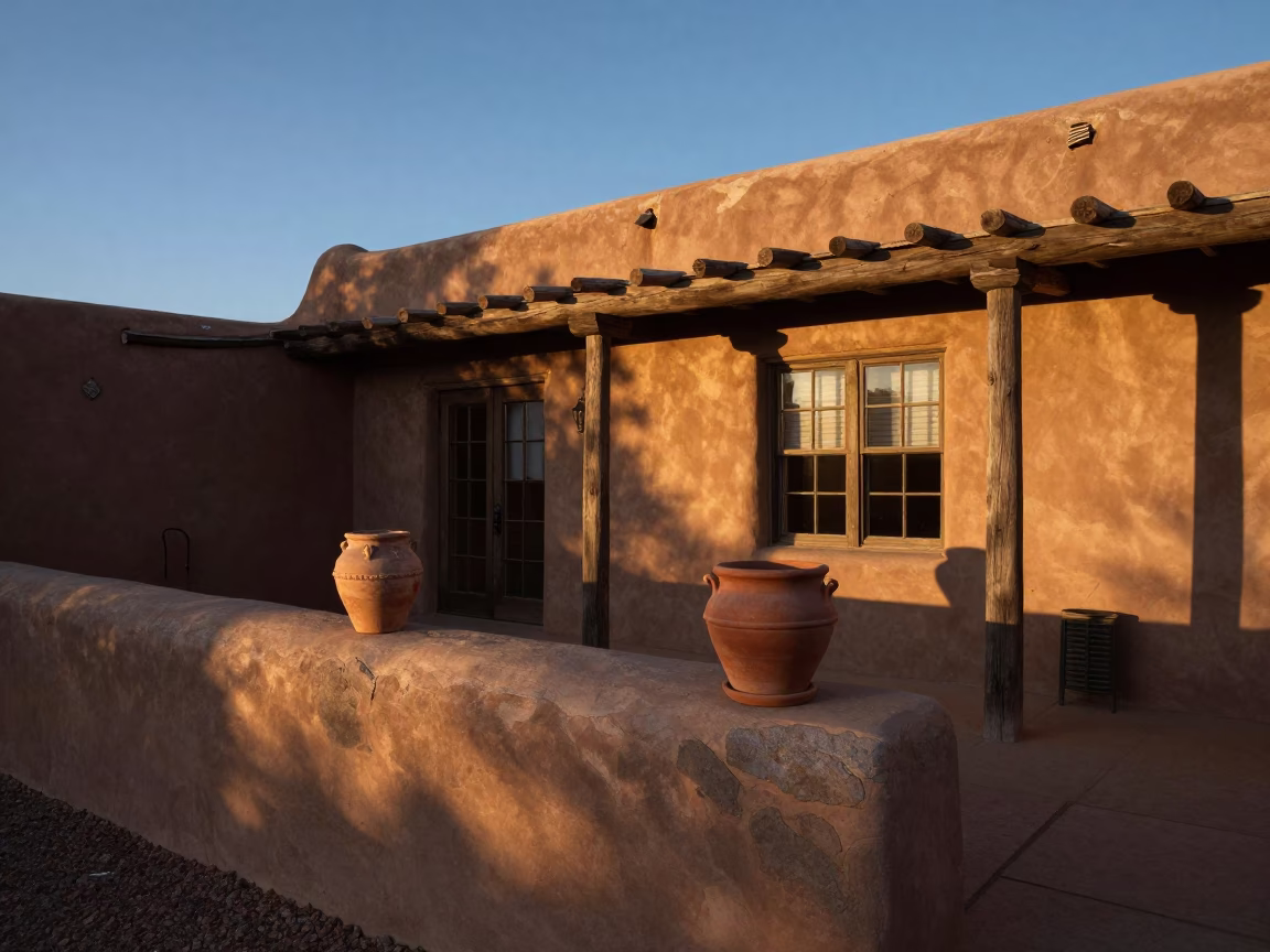 Stucco Patio in Santa Fe at The Early Evening Light in in Santa Fe, New Mexico, United States