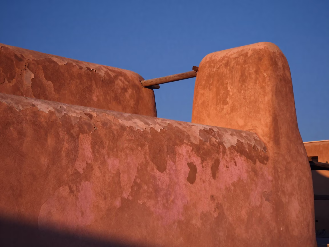 Stucco Walls in Santa Fe at Copper-toned Light Before Dusk in in Santa Fe, New Mexico, United States