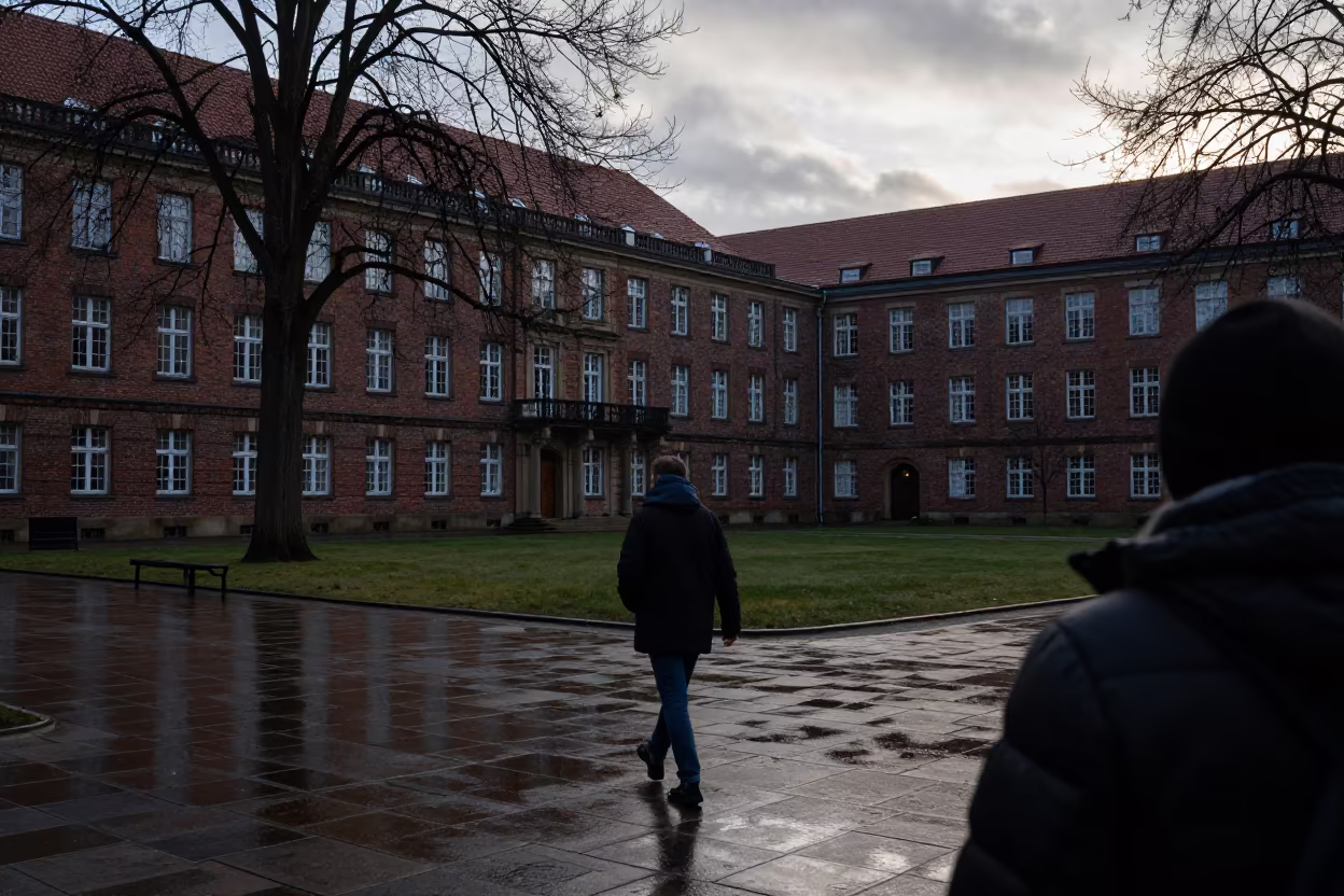 Student Crossing Wet Flagstones at Leipzig University in outside a brick lecture building in Leipzig