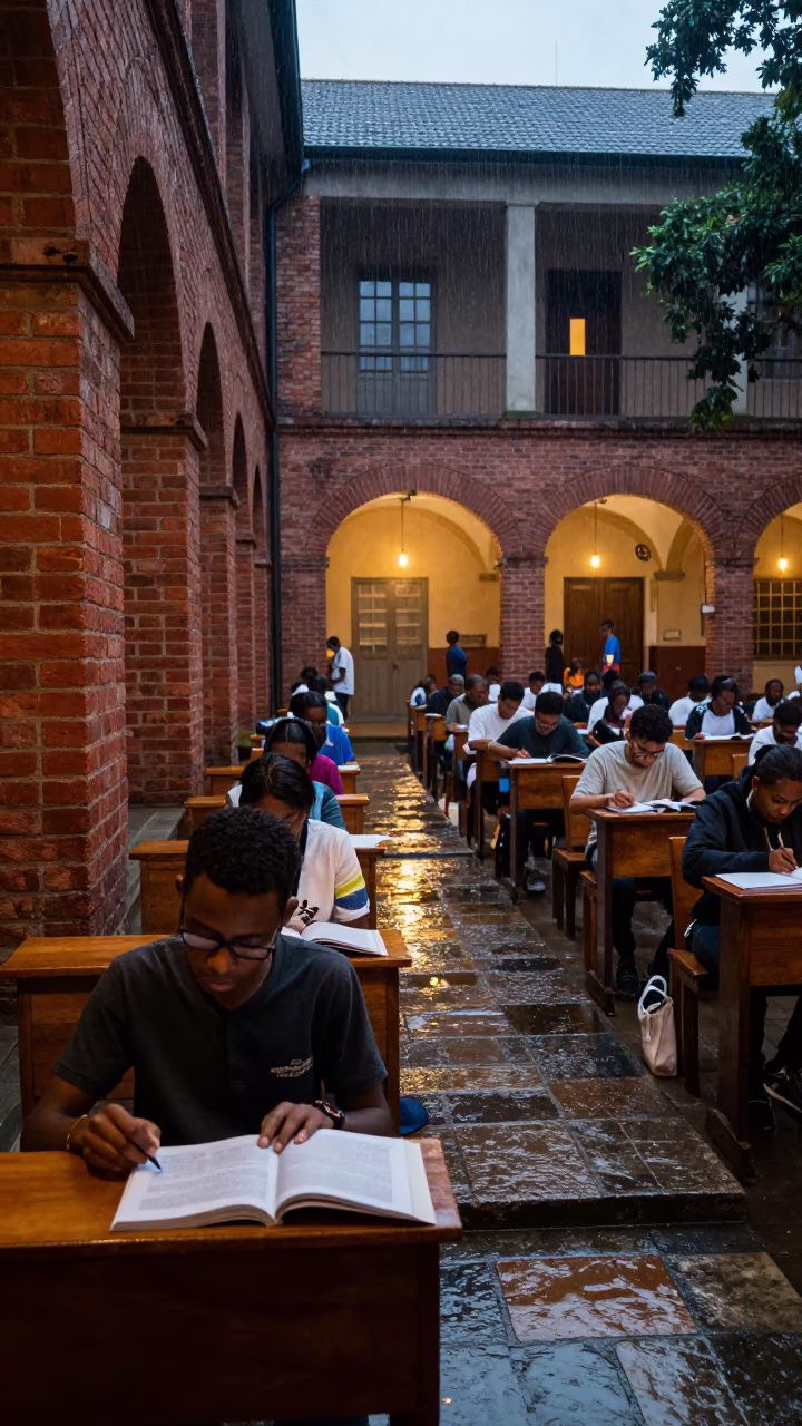 Student revising by brick quad in rain in in a lecture hall before the crowd arrives in Pétion-Ville