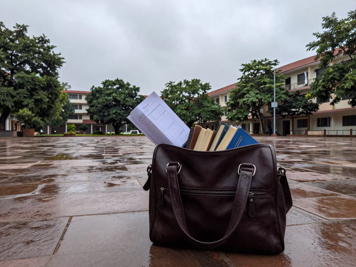 Student Satchel Packet Slipping Courtyard Rain Batala in across a rain-washed campus courtyard near Batala