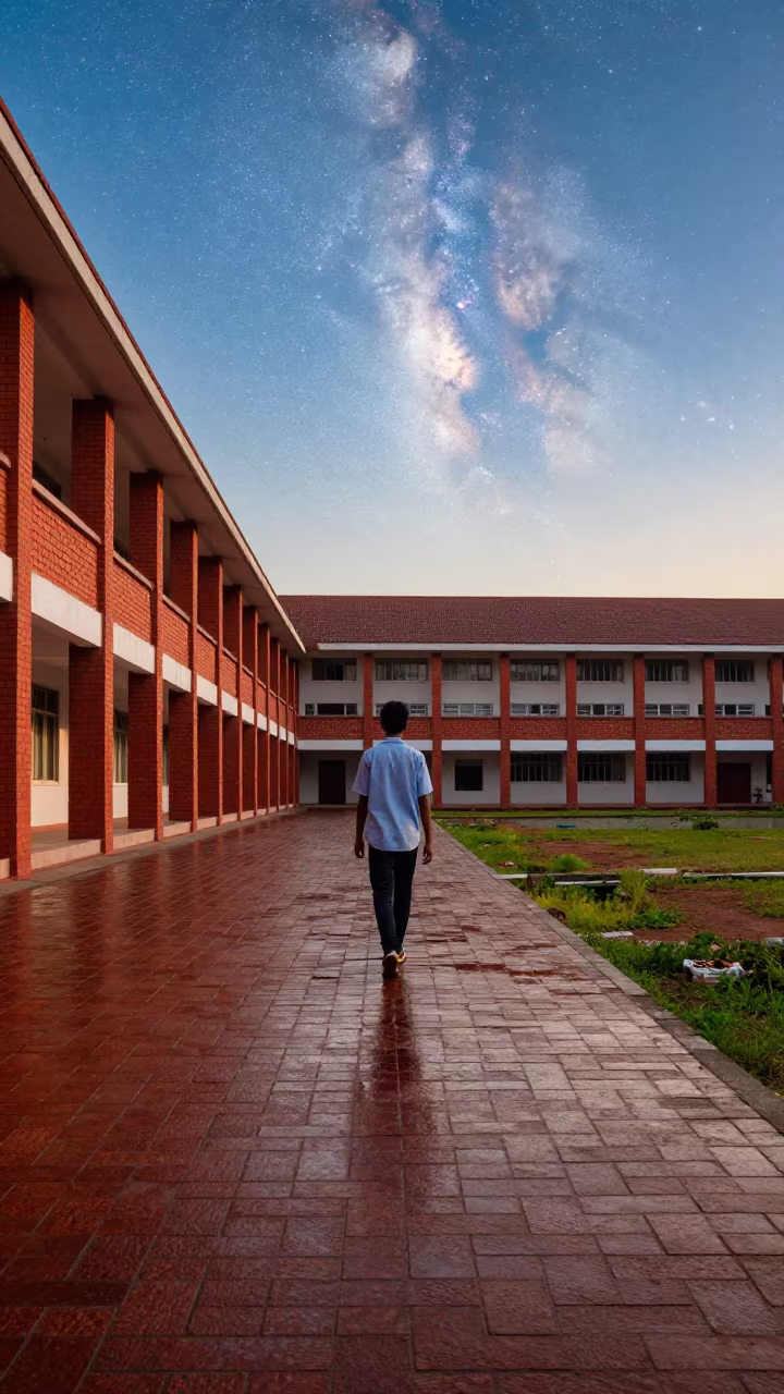 Student Walking Under Milky Way in Daylight in outside a brick lecture building in Bago