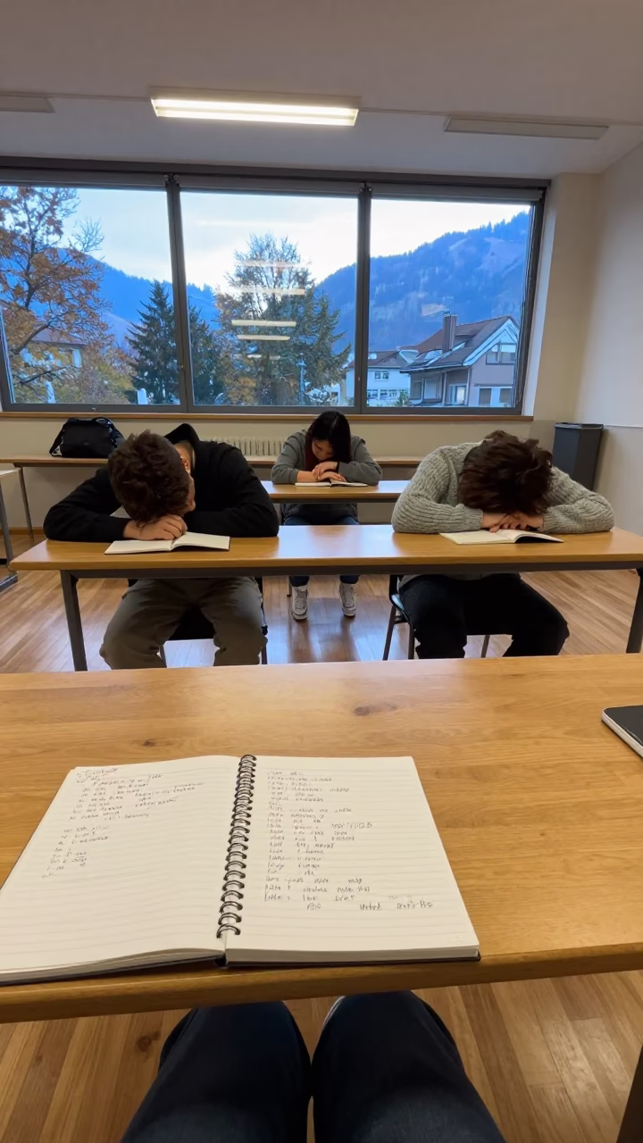 Students Asleep in Bern Seminar Hall Dawn in at a seminar table covered in notes near Bern