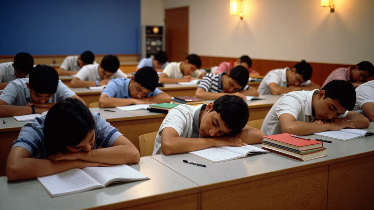 Students asleep at seminar table Barinas in at a seminar table covered in notes in Barinas