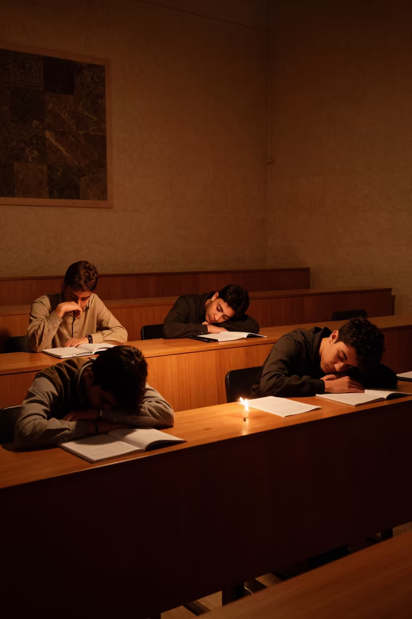 Students Asleep at Seminar Table Near Black Stone in at a seminar table covered in notes near Al-Hajar al-Aswad