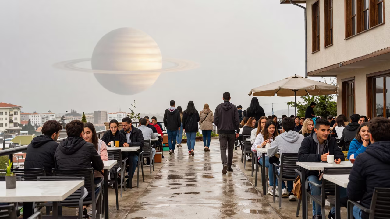 Students in Cafe Under Ringed Planet Sky in along a schoolyard walkway near Antalya