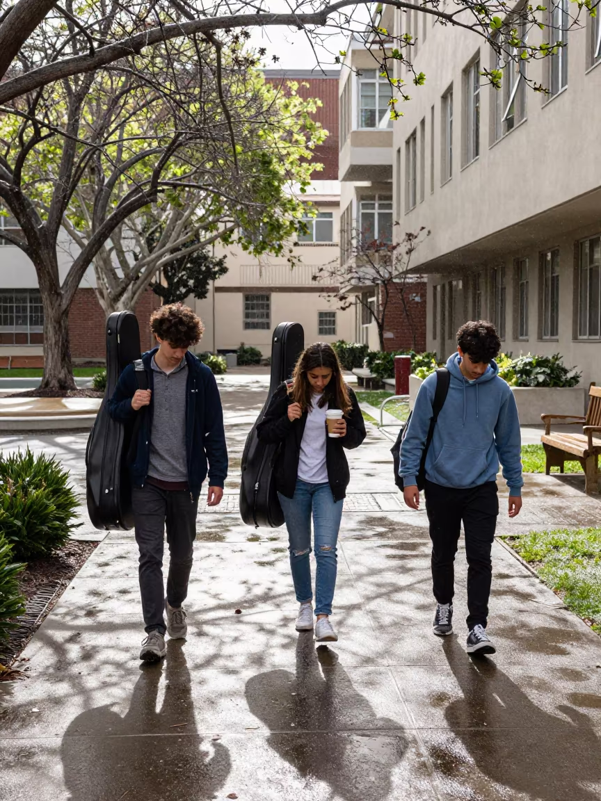 Students Crossing Campus With Violin Cases in Sleet in across a rain-washed campus courtyard near San Diego