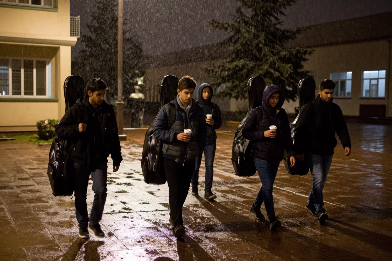 Students Crossing Campus With Violins in Sleet in across a rain-washed campus courtyard in Minya