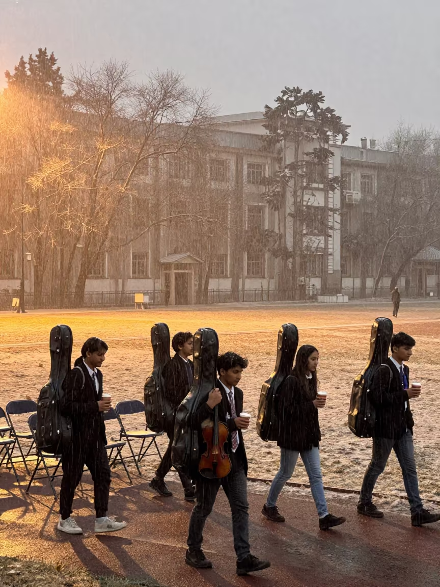 Students Carry Violins Through Winter Sleet at Golden Hour in on a graduation lawn under folding chairs near Gorakhpur