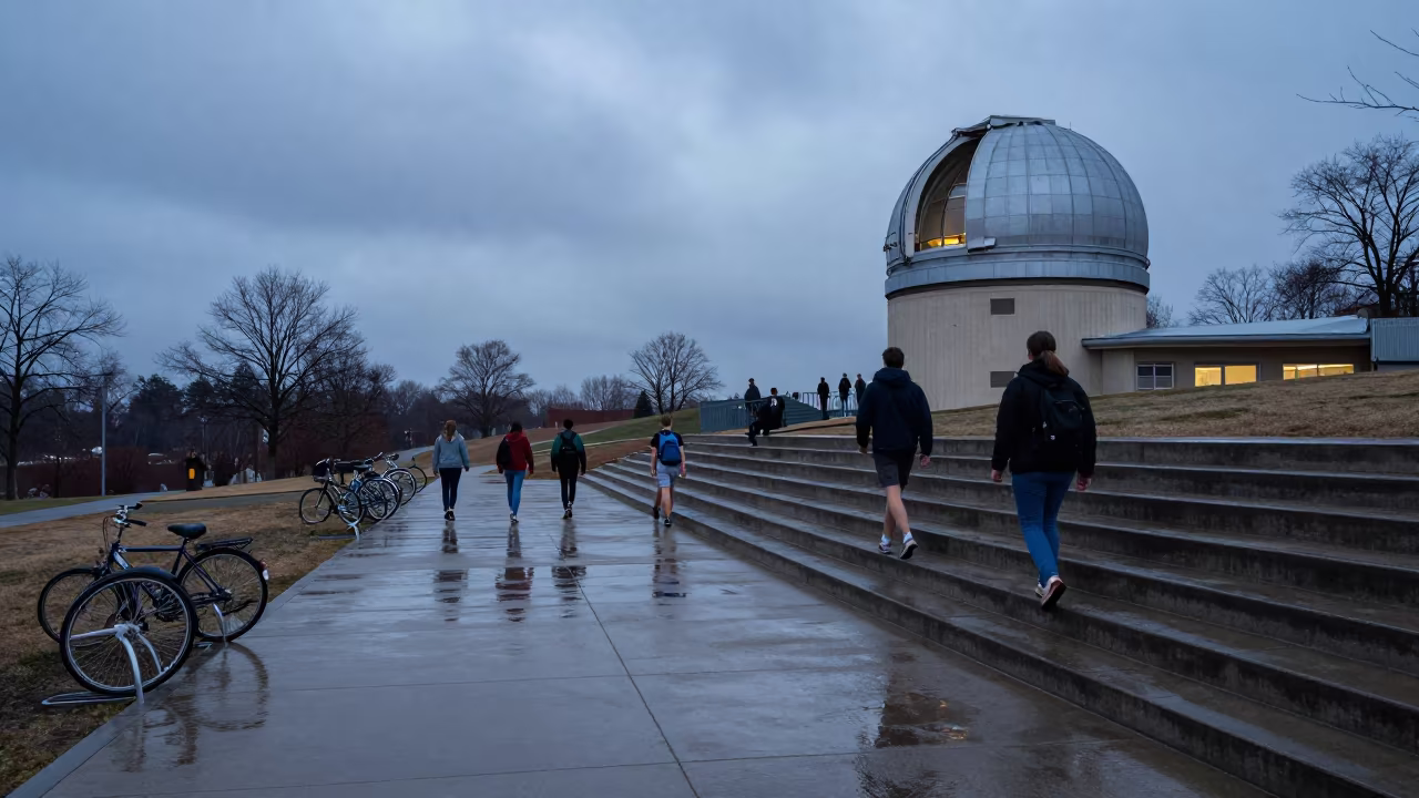 Students Climbing Stairs at Divo Observatory Dawn in beside campus bike racks at dawn in Divo