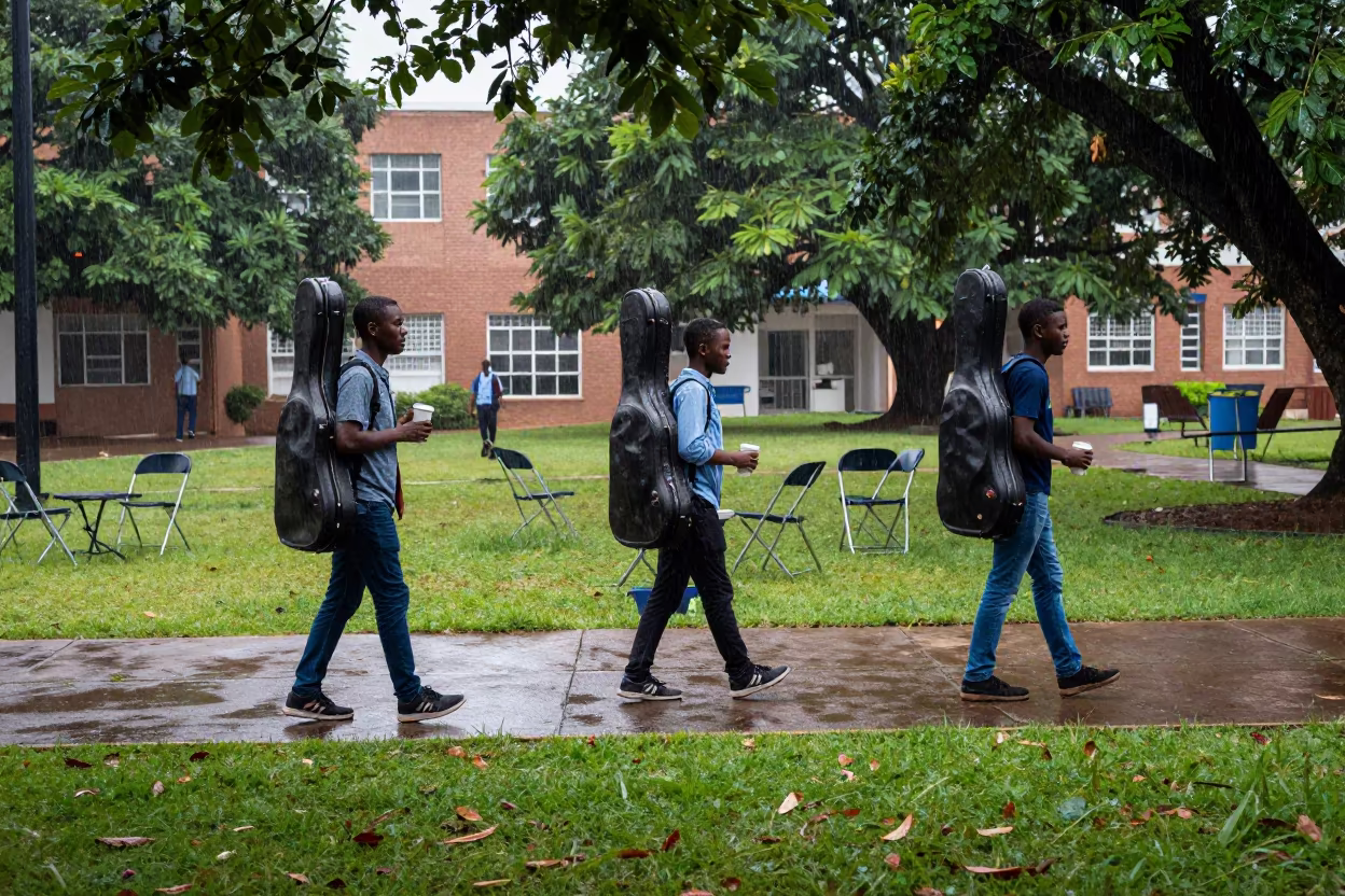 Students Crossing Campus With Violin Cases in Lome Sleet in on a graduation lawn under folding chairs in Lome