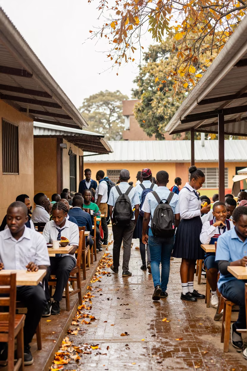 Students Crowding Campus Cafe in Autumn Soweto Drizzle in along a schoolyard walkway near Soweto
