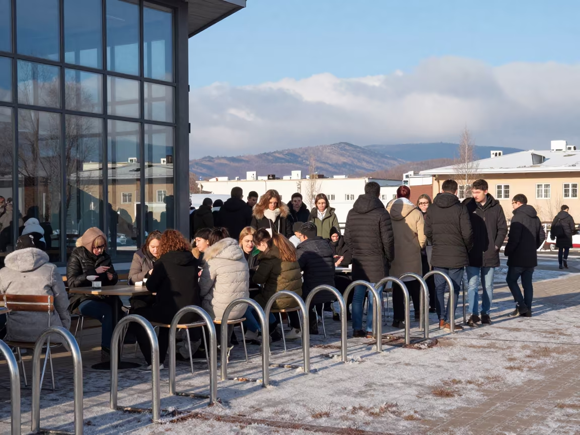 Students Crowding Campus Cafe Near Bike Racks at Dawn in beside campus bike racks at dawn near Novosibirsk