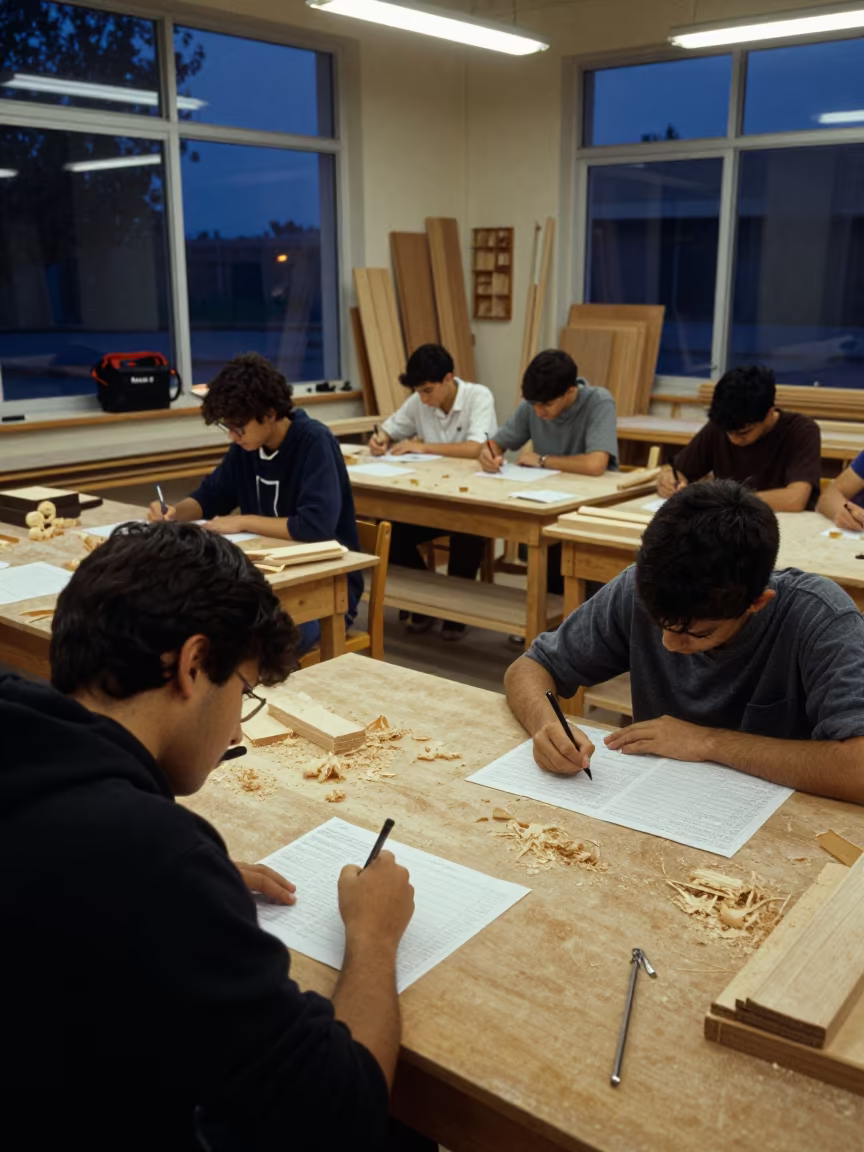 Students Exam Papers Dubai Woodshop Twilight in in a woodshop classroom in Dubai