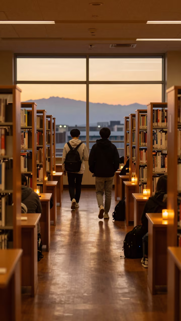 Students Exit Library Reading Room Amber Light in inside a campus library reading room in Kobe