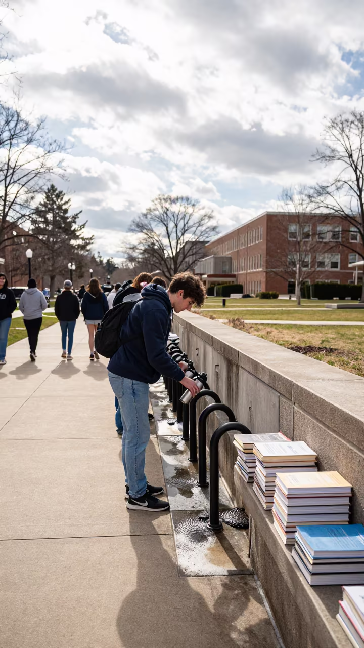 Students Fill Thermoses Near Campus Bike Racks in beside campus bike racks at dawn near Karabük