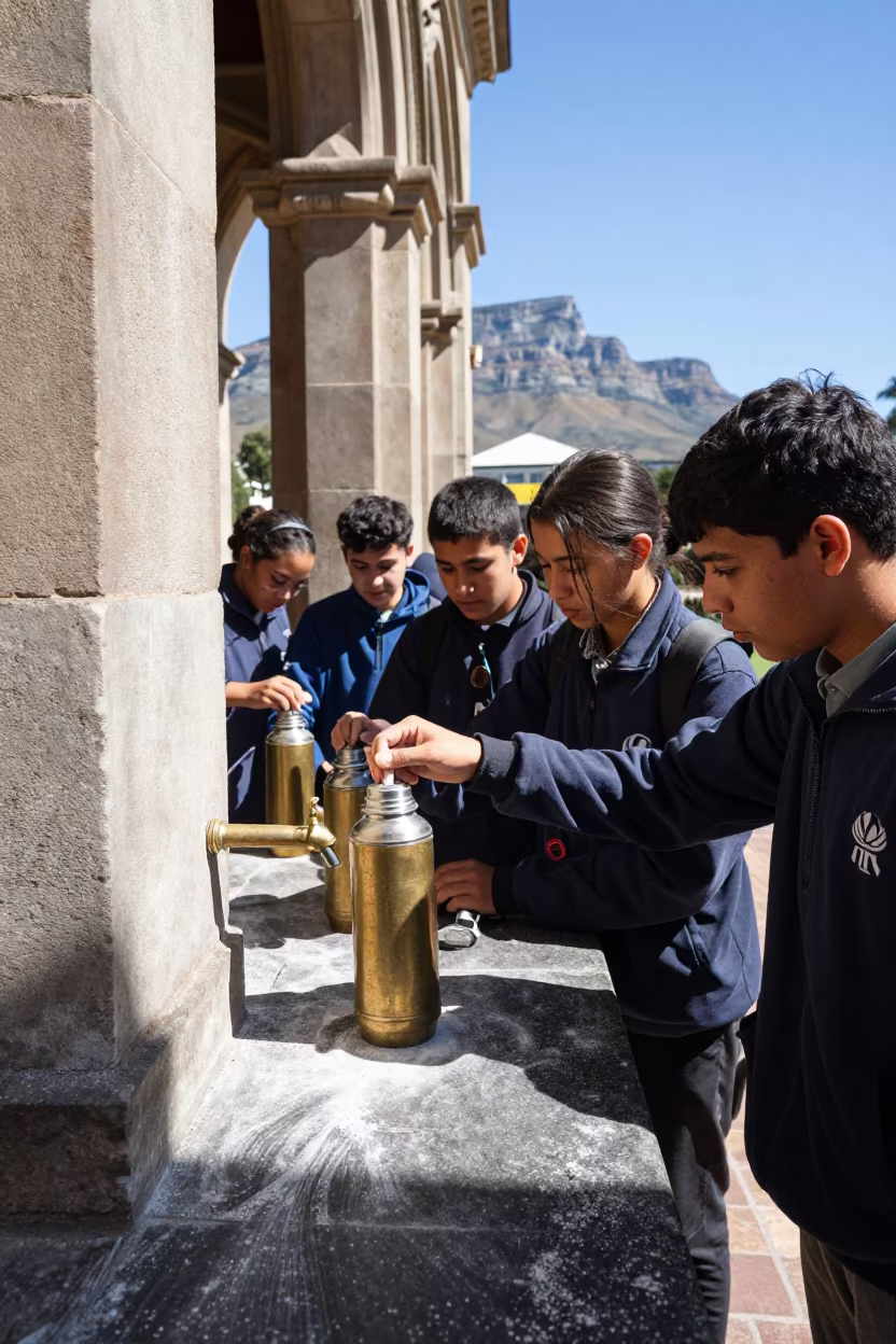 Students Fill Thermoses Under Cape Town Cloister in beneath a university cloister in Cape Town