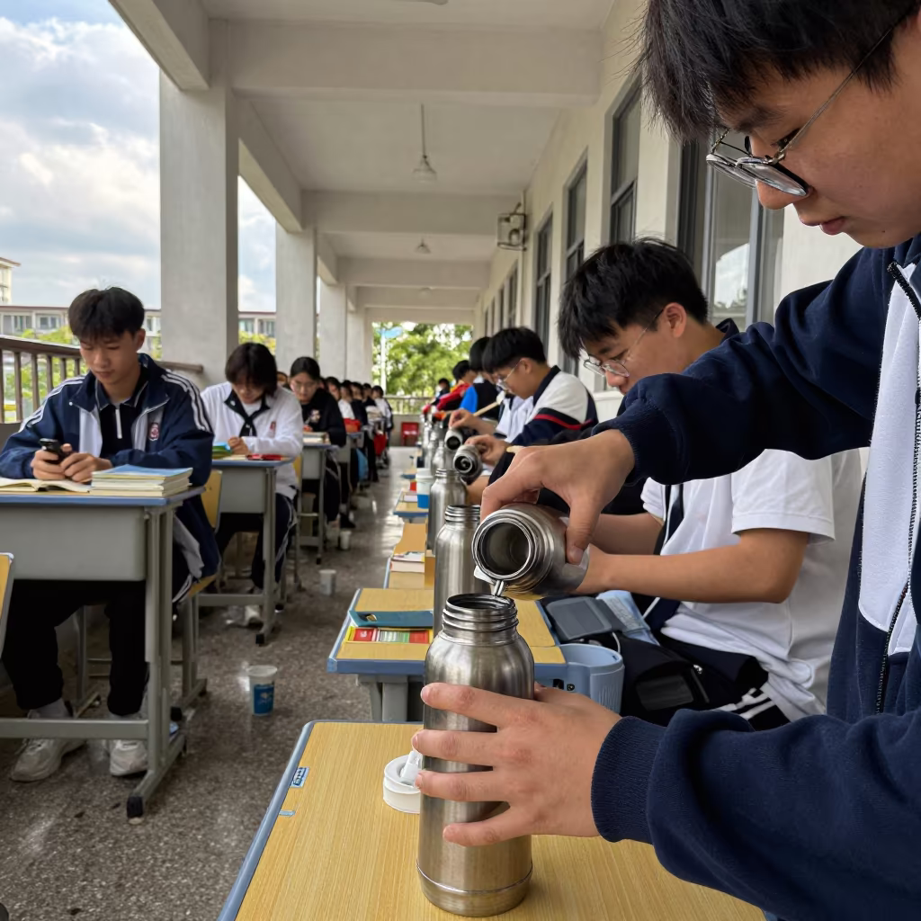 Students Fill Thermoses in Hefei Hallway Before Finals in along a schoolyard walkway in Hefei