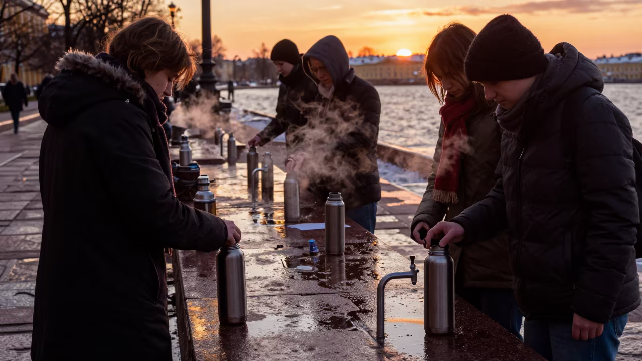 Students Filling Thermoses Sunset Campus in along a schoolyard walkway in St Petersburg